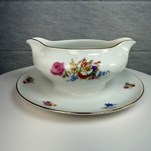 Vintage H&C Heinrich Selb Bavaria US Zone Gravy Boat Floral Gold Trim 1940s